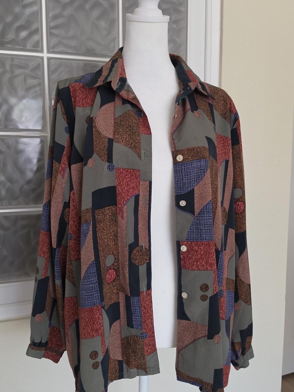 Vintage Multicolor Geometric Button-Front Blouse